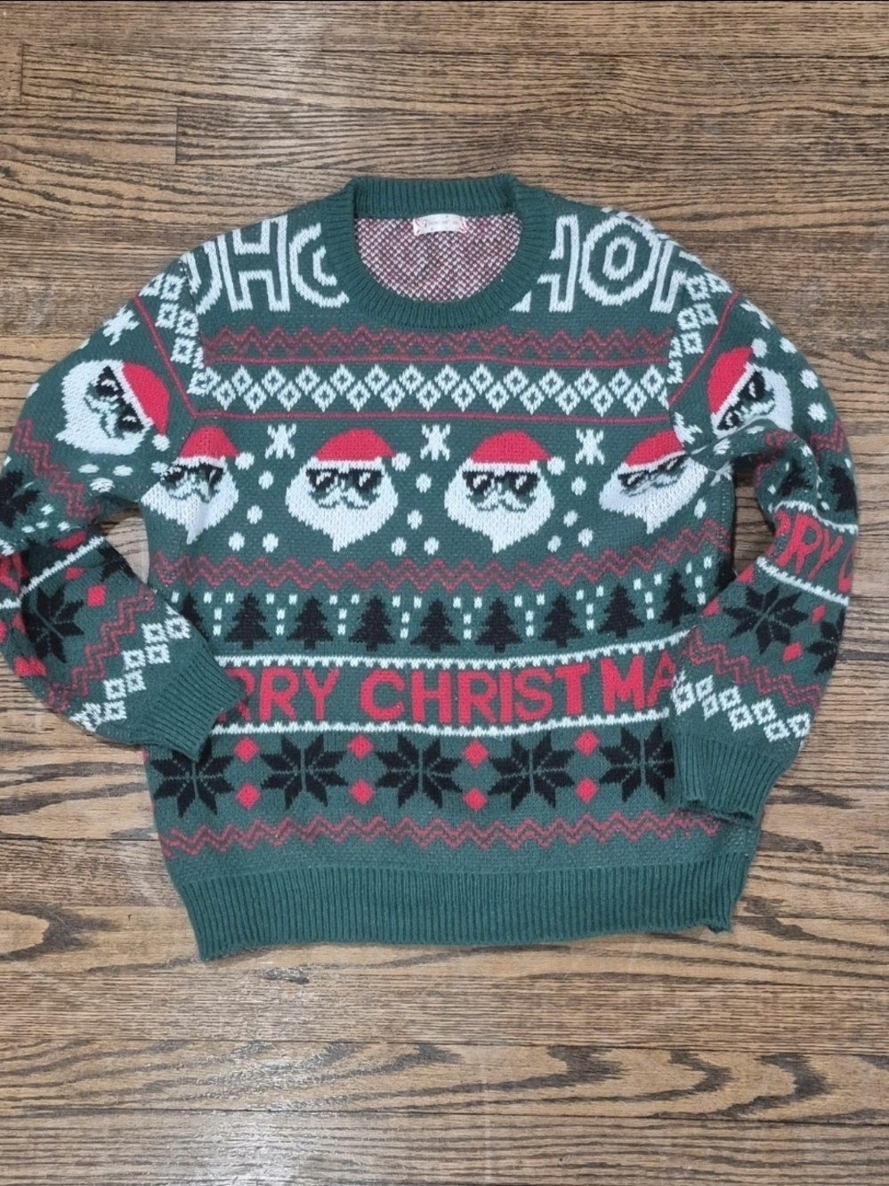 Men's Green Holiday Crewneck Sweater with Santa Motif